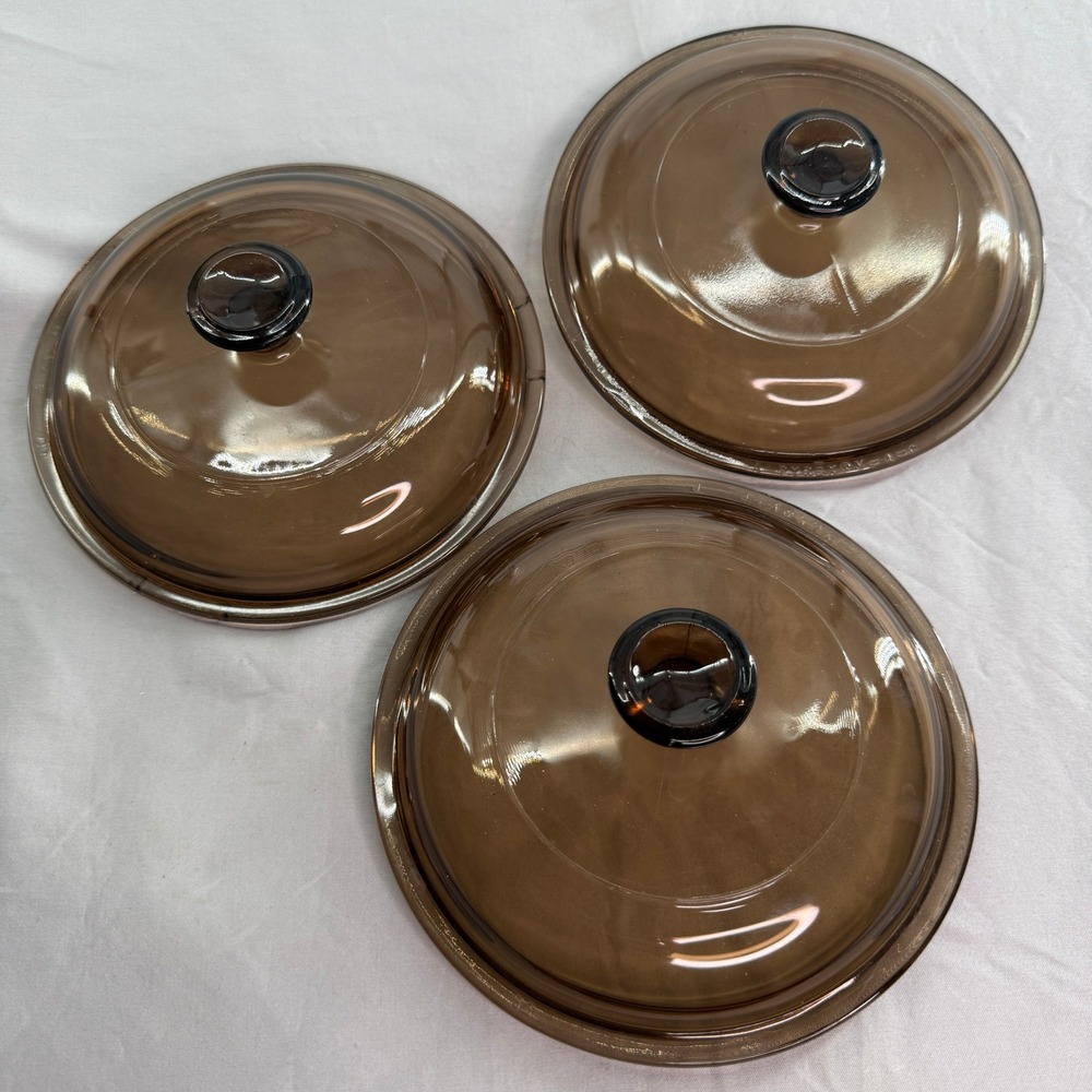 Pyrex Visions Amber Glass Replacement Lids 6.5" V1C Set of 3 Vintage Brown Round